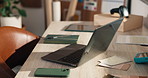 Empty, office and laptop at small business for ecommerce, logistics and color palette for fashion. Pc, sample and selection in workplace with pc, clothes collection and online retail for distribution