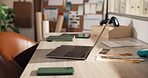 Empty, office and laptop at startup for ecommerce, logistics and color palette for fashion launch. Pc, sample and selection in workplace with pc, clothes collection and online retail for distribution