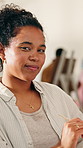 Woman, face and art student in studio for painting, learning technique and smile for progress. Education, artist and happy in university for creative class, skill development and illustration design
