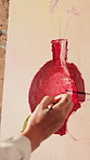 Hands, person and artist with canvas for painting, drawing and art portfolio for gallery showcase. Painter, sketch or color blending in workshop with paint brush, artistic process and artwork texture