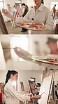 Painter, hands or college student in class with palette, learning or acrylic project in art lesson. Montage, flare or woman with color mixing, artistic process or creative development in university.