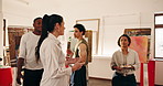 Woman, teacher and talk in class for painting, guidance and demonstration for creative artwork. People, mentor and discussion in workshop with canvas, art lesson and beginner instructions for drawing