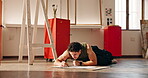 Man, artist and sketch on floor for art in studio, creativity and technique with skill in drawing. Person, pencil and concentration for artistic expression, talent and design process for artwork