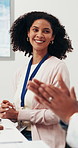 Team, meeting and happy woman with applause for congratulations, well done or good job in office. Female person, group or employees clapping with smile for presentation success or pitch in workplace
