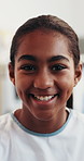 Medical, face or girl in hospital with laughing, happy moment or recovery relief in post operation. Healthcare, portrait or patient with humor, wellness service or good mood with pediatric treatment.