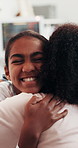 Medical, mother and daughter in hospital with hug, parent visit and support with surgery recovery. Healthcare, happy mom and child with embrace, loving moment and family comfort for patient healing.