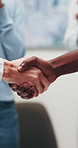 Healthcare, doctor and shaking hands in hospital with applause, medical achievement and onboarding. People, handshake and clinic employees with clapping for hiring, contract agreement and partnership