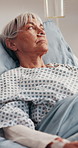 Sick, thinking and old woman in hospital bed with oxygen tube, respiratory disease or rehabilitation. Senior person, rest and vision in medical clinic with breathing assistance, lung virus or fatigue