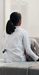 Sick, child and thinking on hospital bed with stuffed animal, medical treatment and wait for checkup. Back, girl and reflection in pediatric clinic with plush toy, healthcare or recovery from disease