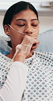 Sick, woman and cough in hospital bed with asthma, tuberculosis and respiratory infection symptoms. Tired, person and chest pain in medical clinic with breathing tube, lung disease or health problem.