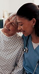 Happy, nurse and old woman in hospital with hug, conversation or good news for recovery from disease. Healthcare worker, senior person and embrace in clinic with smile, help and support for healing.