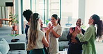 Office, women and applause for success with team, happiness and achievement celebration in business. Excited, people and stack hands in workplace lounge for milestone, high five or clap for good news