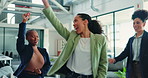 Office, women and dance for achievement in business, happiness and team celebration for success. Excited, people or moving to music for workplace milestone, target or spin with positivity for freedom