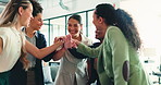 Office, women and stack hands for celebration with team, happiness or applause for business success. Excited, people and clapping together for company growth, high five or milestone achievement