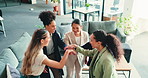 Office, women and hands together for celebration with team, happiness or applause in business lounge. Excited, people and stack for success with company growth, high five or milestone achievement