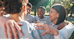 Volunteer, huddle and unity with group, outdoor and solidarity for community service and nonprofit. Park, collaboration and happy people with social responsibility, laughing and synergy for charity