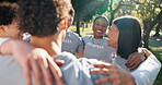 Volunteer, huddle and solidarity with group, outdoor and teamwork for community service or nonprofit. Park, collaboration and happy people with social responsibility, laughing and unity for charity