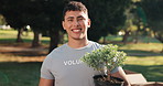 Park, volunteering and man with plants for nature restoration, eco advocate or gardening initiative. Portrait, sustainable environment project and person with trees for climate action, outdoor or ngo