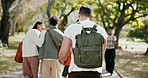 Student, walking and backpack with basketball in park for commute, travel or finished classes. People, outdoor group or learners with school bag for done lesson, break or recess on college campus