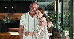 Face, happy and couple hug in home for bonding, connection and embrace for commitment. Portrait, marriage and man with woman with affection for love, relationship and support for romance on weekend