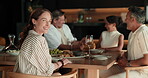 Face, woman or laugh in home for dinner party, funny get together or bonding on double date. Mature person, couple of friends and joke at dining table with hospitality, social event or weekend unwind