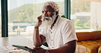 Senior, thinking or black man with tablet in home for financial investment or asset management. Elderly, male person or contemplation with technology for finance, pension for online expenses in house