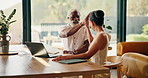 Senior, couple and laptop with high five for finance goal, retirement plan success and paperwork. Happy people, track online expenses or monitor annuity account with tax refund achievement at home 