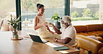 Cheers, water or interracial couple in home with laptop, revenue growth or success with investment. Happy, data or mature people with toast, budget achievement or celebration in financial management.