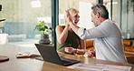 Senior, people and laptop with high five for payment success, retirement savings and paperwork. Happy couple, track online expenses or monitor annuity account with tax refund achievement at home 
