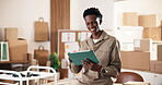 Logistics, entrepreneur and happy man with tablet in small business, laugh or checking sales on web. Startup, scroll and black person with smile, ecommerce and stock inventory for order fulfillment