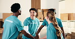 Happy, volunteer and people in charity with hands together, applause or collaboration for non profit. Team, clap and celebration in NGO for social responsibility, outreach and high five for success.