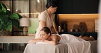 Resort, massage and woman on table, self care and comfortable on vacation and stress free on break. Spa, hospitality and mature person on holiday, sleeping and relief for muscle tension or luxury