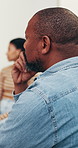 Psychology, listening and man with support group, therapy and thinking with advice in session. Office, counseling and mature person in rehabilitation for coping, healing progress and mental health