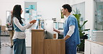 Patient, nurse and paperwork at hospital reception with appointment, help and typing with computer. Medical worker, people and clipboard at front desk with pc, health insurance document or assistance