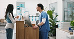 Patient, nurse and document at hospital reception with discussion, computer or ask question for help. Medical worker, people and talk at front desk with pc, consent form or assistance with insurance.