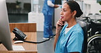 Healthcare, computer or nurse on telephone call for appointment booking, schedule or referral. Tech, woman or talk to contact at clinic reception for typing, admission solution or medical admin