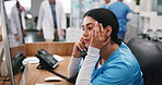 Phone call, woman and nurse with headache in hospital, healthcare fatigue and staff shortage. Telephone, person and medical receptionist with migraine, admin stress or communication with computer