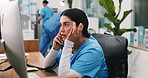 Phone call, woman and nurse with stress in hospital, healthcare headache and staff shortage. Telephone, person or medical receptionist with migraine, admin burnout or communication with computer