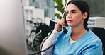 Issue, computer or woman in clinic with phone call, booking mistake or nurse feedback in telehealth. Serious, health or doctor with tech, online consultation or missed appointment in medical center.