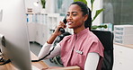 Medical, computer and woman with phone call, booking inquiry and clinic feedback in telehealth. Healthcare, tech and nurse with telephone, online consultation and appointment schedule in hospital.