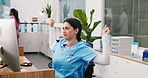 Tired, stretching and woman in hospital with computer, admin fatigue or low energy in medical center. Overworked, tech or nurse with yawning, clinical burnout or exhausted with healthcare research.