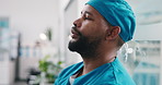 Upset, man and nurse with stress on glass window for medical failure, bad news or procedure mistake. Disappointed, male person or surgeon with disbelief for surgical complication or loss in hospital
