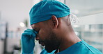 Frustrated, man and nurse with stress on glass window for medical failure, bad news or mistake. Upset, male person or surgeon with headache or eye strain for surgical complication or loss in hospital