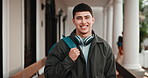 Face, student and man at college with backpack, headphones and higher education for creative course. Happy, person and bag outdoor on university campus with audio tech, music degree and knowledge.