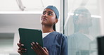 Doctor, thinking and woman with tablet for healthcare, update medical records or patient history. Treatment planning, digital tech or physician with medicine idea in hospital, typing or low angle