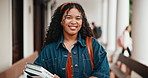 Face, student and woman at college with books, education and literature resources for english degree. Happy, person and outdoor at university with knowledge growth, textbook or study language course.
