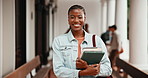 Face, woman and student at college with smile, exchange program and scholarship for education. Portrait, female person and happy at university with textbook, start semester and learning for knowledge