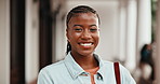 Happy, woman and student at college with face, exchange program and scholarship for education. Portrait, female person and smile at university with backpack, start semester and learning for knowledge