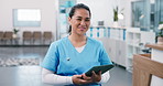 Face, nurse and happy woman in clinic with tablet for medical career, wellness service or report. Asian person, healthcare worker and tech for records in hospital with trust, integrity and smile