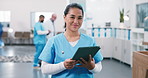 Face, nurse and happy woman in hospital with tablet for medical career, wellness service or report. Female person, healthcare worker and tech for records in clinic with trust, integrity and smile